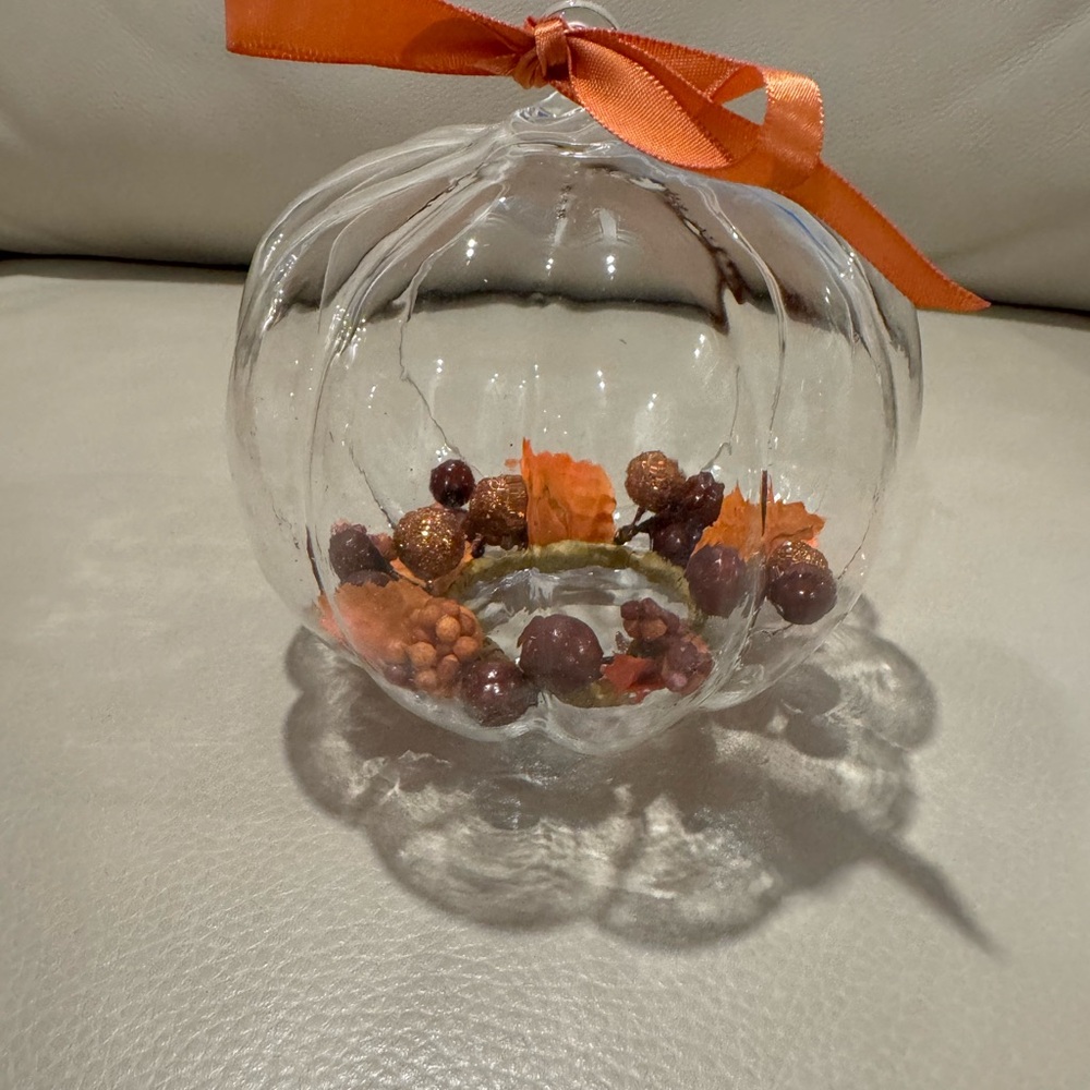 3 Glass Pumpkin Candle Displays by Luminara with Autumn garland and orange bows - Picture 3 of 5